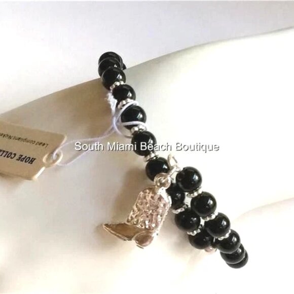 Country Western Cowboy Boot Charm Bracelet Silver Plated Black Cowgirl Stretch - Picture 6 of 9